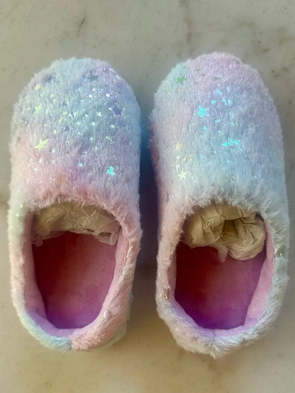 NWOT Fuzzy Pastel Star Sparkly Slippers - Pink & Lavender